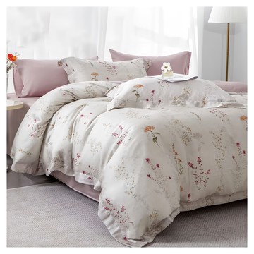 60支100%天絲雙人四件組 A版同被花色  床包(152 x 188cm) + 兩用被套(182 x 212cm) + 枕套(47 x 75cm) x2  雅卉 粉色 + 米色  床包 + 兩用被套 + 枕套組