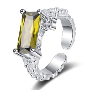 【ANGEL】橄欖綠方晶個性簡約開口彈性戒指(銀色)