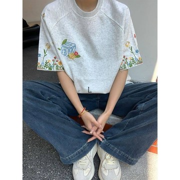 商城熱賣⭐不是印花！重磅純棉復古刺繡T 日系原宿風 寬鬆日常不是印花!!刺繡花花韓版超火學院風百搭時尚寬鬆短袖T恤女