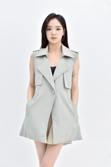 加購優惠(L) 綠色無袖綁帶外套