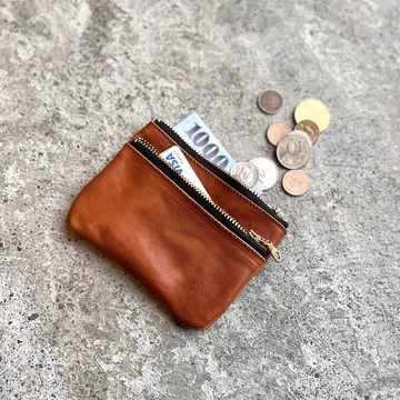 雙拉鍊包 蜜糖 卡片包 錢包 植鞣革真皮製作 出國外幣分層收納