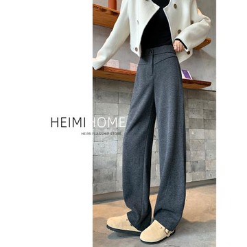 灰色鐮刀香蕉褲女秋冬加絨毛呢闊腿褲休閑拖地加厚直筒羊絨褲子潮