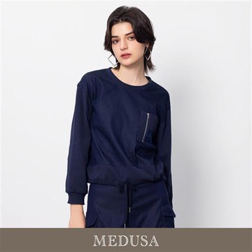現貨【MEDUSA 曼度莎】藍色拉鍊口袋羅紋運動上衣（M-XL）｜女休閒上衣 長袖上衣