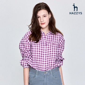【HAZZYS】女款紫色清新格紋亞麻襯衫輕便透氣適合春夏長袖亞麻格紋襯衫 YSVKB390