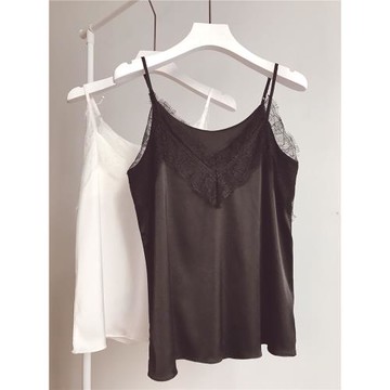 黑色白色打底絲綢睫毛花邊寬松大碼百搭v領性感蕾絲吊帶