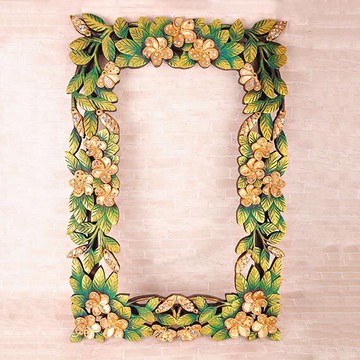 泰國工藝品家居裝飾掛板木質手繪雕花化妝鏡框創意結婚禮物穿衣鏡1入