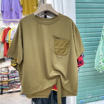 夏季韓版側邊口袋抽繩褶皺顯瘦寬松休閑大碼上衣港風短袖T恤女t恤