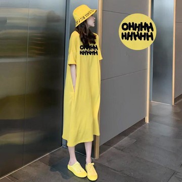 臺灣出貨 涼感睡裙 薄款寬鬆睡裙 連身睡裙女連衣裙女夏長款過膝韓版夏天寬鬆學生字母短袖t恤裙2026新款女裙
