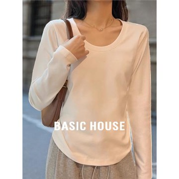 (免運)Basic House/百家好收腰短款打底衫女秋季洋氣U領長袖T恤內搭上衣