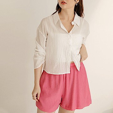 雲朵自訂款-素色鬆緊腰寬口短褲-OB大尺碼