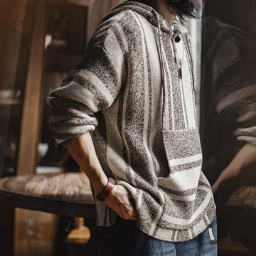 美式復古巴哈半開襟連帽大學T套頭針織衫薄款垂墜感外套男春