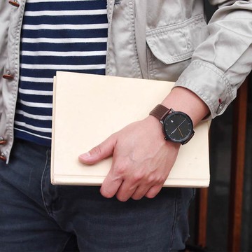 日本低調率性真皮腕錶- 不銹鋼黑 咖啡皮帶