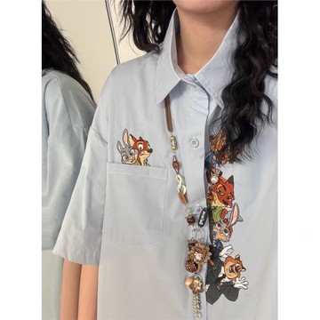 復古趣味卡通刺繡短袖襯衫男女夏季新款寬松休閑慵懶風情侶襯衣