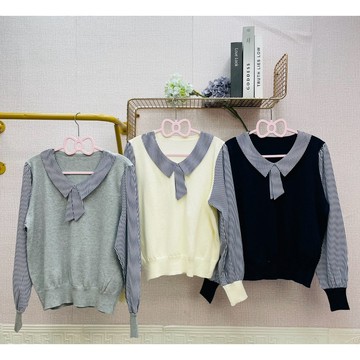 MIMA女王❤A925💡法式學院風條紋翻領拼接長袖針織上衣