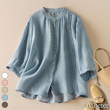 【ACheter】立領風琴褶棉麻感五分袖襯衫氣質顯白文藝百搭短版上衣# 118697 (現貨+預購)