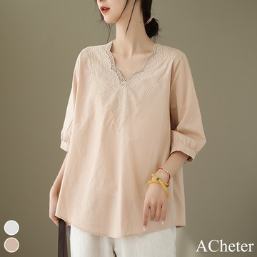 【ACheter】時尚v領刺繡上衣薄款五分袖百搭休閒棉麻短版# 117968 (現貨+預購)
