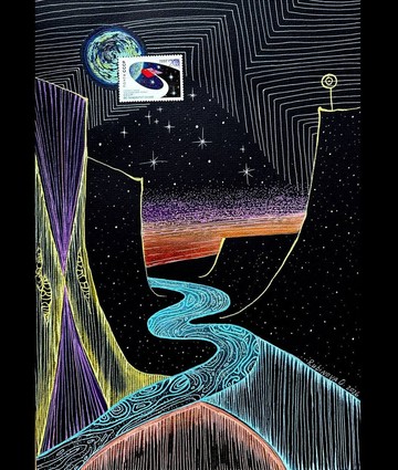 未來主義風景畫 原創 黑紙 壁畫 復古未來主義藝術