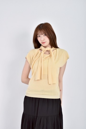 (S) ofuon質感針織假絲巾披風黃色短袖上衣