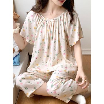 夏季短袖七分褲棉綢睡衣女士薄款法式碎花日系兩件套家居服可外穿