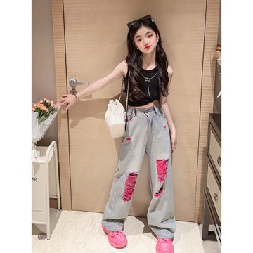 女童牛仔褲夏裝2025新款兒童寬松闊腿褲中大童炸街女孩破洞拖地褲