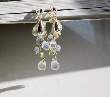 朝露 | 海藍寶石、月光石、粉晶水滴 925銀 耳環