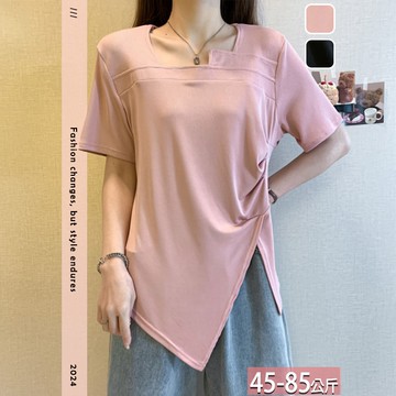 方領單色交錯壓褶不對稱側大開衩上衣(2色) XL-4XL【623287X】【現+預】☆流行前線☆