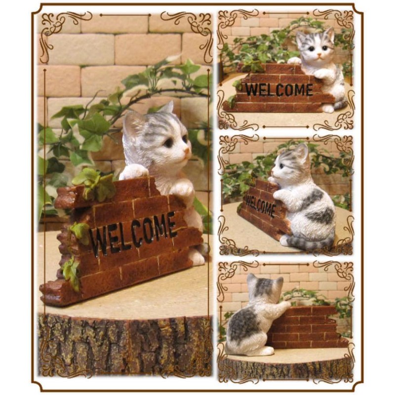 置物 動物 可愛い 猫の置物 ウエルカムボード ホワイト＆グレー リアルな ねこ 猫雑貨 ネコのフィギュア オブジェ ガーデニング ベランダアート |  LINEショッピング