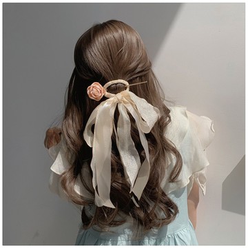 梨花HaNA 高級感手工花朵．手工奶油玫瑰長絲帶蝴蝶結髮簪