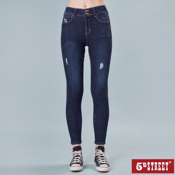 【5th STREET】 女裝 超彈高腰小直褲-酵洗藍(-3KG系列) (947152)