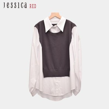 JESSICA RED - 百搭氣質翻領拼接針織背心襯衫上衣（灰）R44502