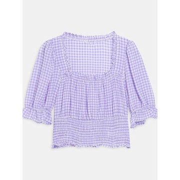 諾諾E站【MK】秋裝 清新紫格短款法式氣質雪紡衫小衫收腰泡泡袖