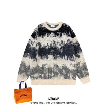 美式復古軟糯馬海毛撞色毛衣男秋冬加厚慵懶氛圍感情侶針織衫上衣