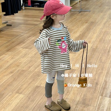Orange Kids🍊女童套裝 2025春季新款童裝 韓版童裝 女童可愛卡通印花T恤 幼兒園條紋T 女童長袖上衣