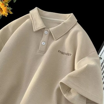 【印花】翻領polo衫短袖t恤男士夏季重磅潮牌復古華夫格半袖體恤