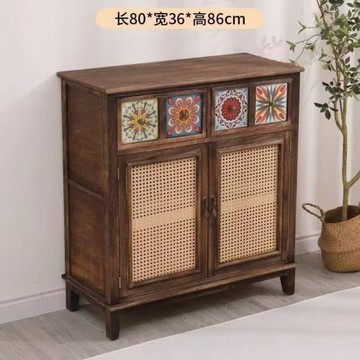 簡約實木彩繪帶門收納柜陽臺置物柜復古鞋柜古風柜子客廳儲物柜