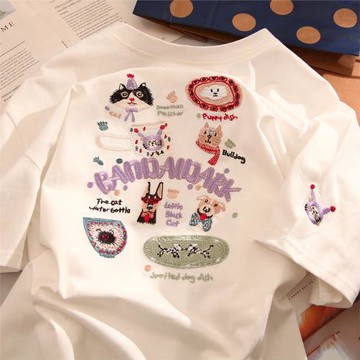 美式高街純棉可愛學院風重工卡通刺繡短袖t恤男女夏寬松半袖上衣