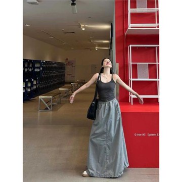 美式灰色高腰運動工裝半身裙女夏季設計感開叉傘裙中長款直筒裙子