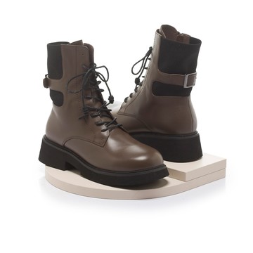 小時光 率性拼接織帶後釦中筒軍靴 深咖  (7M3108)