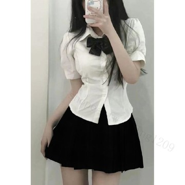 【學院風三件套】JK制服 女學生制服 收腰襯衫 薄款上衣 夏季短袖 泡泡袖襯衣 學院風套裝 百搭潮流 短袖襯衫女 夏季女