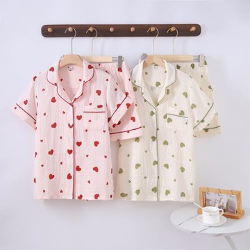 夏季純棉雙層紗布睡衣女全棉縐布開衫家居服泡泡紗愛心卡通可愛