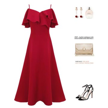 一字肩吊帶裙訂婚結婚回門禮服荷葉邊雪紡裙子紅色連衣裙女夏