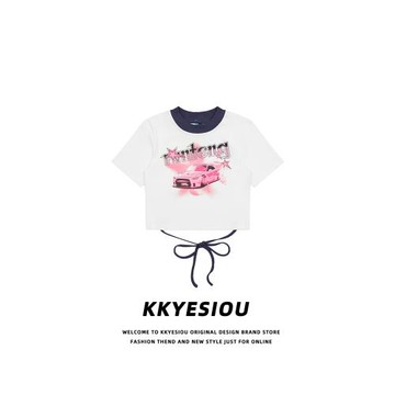 KKyesiou甜酷風R&b慵懶短款上衣女拼色美式辣妹露臍裝抽繩短袖T恤