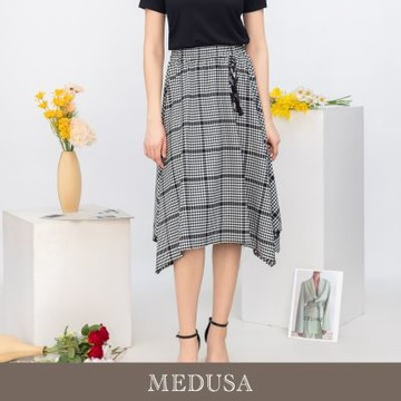 現貨【MEDUSA 曼度莎】藝術幾何千鳥格不規則長裙（M-XL）｜千鳥格裙 不規則裙 鬆緊腰
