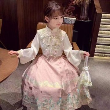 🔥新中式馬面裙 復古風精緻馬面裙全套 女童套裝 新款洋氣兒童套裝 明制南京漢服裙 小女孩國風印染童裝 粉色裙子套裝 雲肩