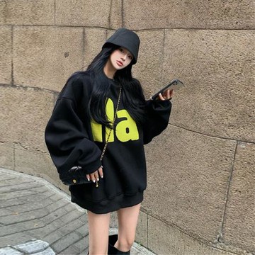 黑色衛衣女春秋冬2025新款爆款加絨寬松韓系慵懶風中長款遮屁股