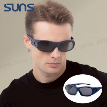 【SUNS】包覆式偏光墨鏡 運動太陽套鏡 藏青藍 防滑腳 抗藍光+抗UV400/防眩光/可單戴/眼鏡族首選