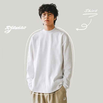 SHX重磅純棉420G闊型水洗日系男裝長袖T恤半高領春季打底衫情侶潮鑫弘-衣錦男裝