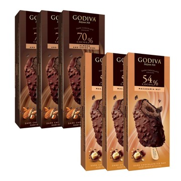 GODIVA 脆粒雪糕x6支(54%黑巧克力夏威夷果仁/70%黑巧克力熟可可杏仁 ;任選)