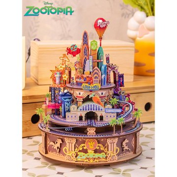 迪士尼瘋狂動物城八音盒3D立體拼圖木質拼裝玩具手工兔朱迪送禮物