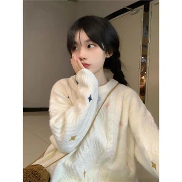 日系復古可愛軟糯麻花毛衣女春秋慵懶風寬松套頭加厚繡花針織上衣